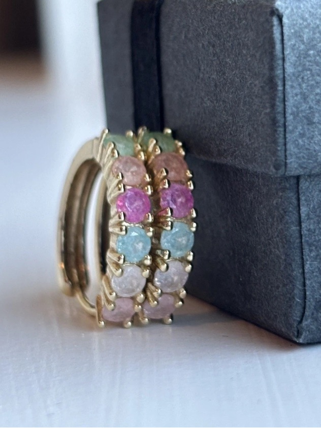 Nwt Gold Plated Multicolor Gemstone Hoop Earrings Pastel Rainbow Huggie Hoops